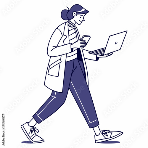 Woman walking using laptop and phone multitasking