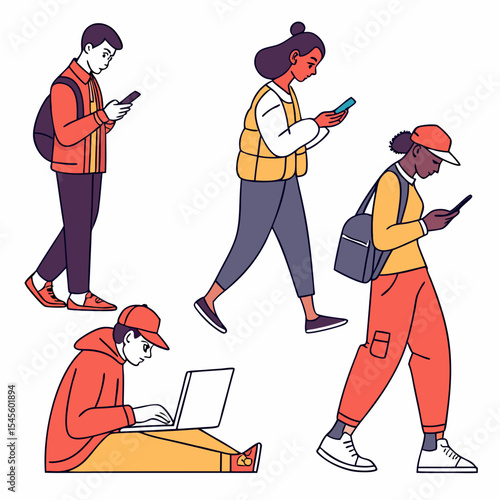 Diverse young adults using technology devices