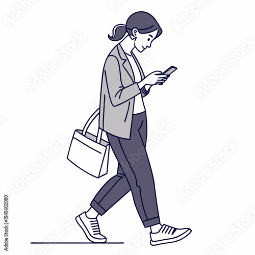Woman walking using smartphone stylish tote bag