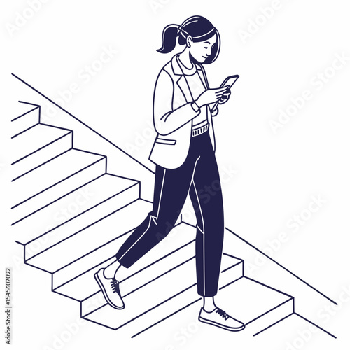 Woman walking upstairs using smartphone mobile phone