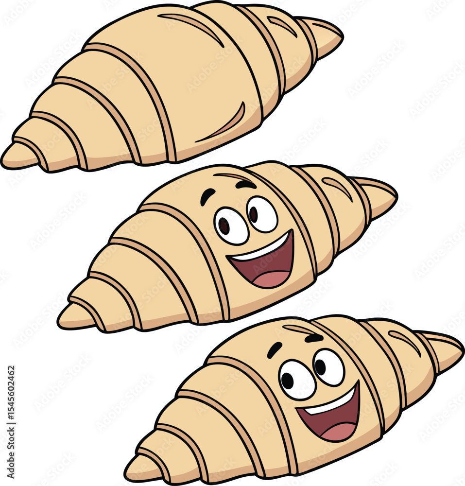 Three happy cartoon croissants stacked. Three happy cartoon croissants stacked.