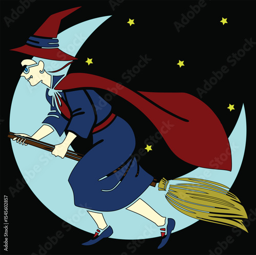 Cartoon Witch Flying on Broomstick with Crescent Moon and Stars