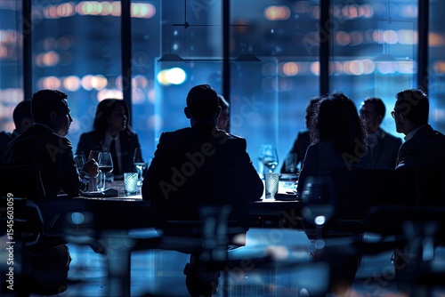 Vibrant Image of Business People Meeting Late in Evening Around Round Table