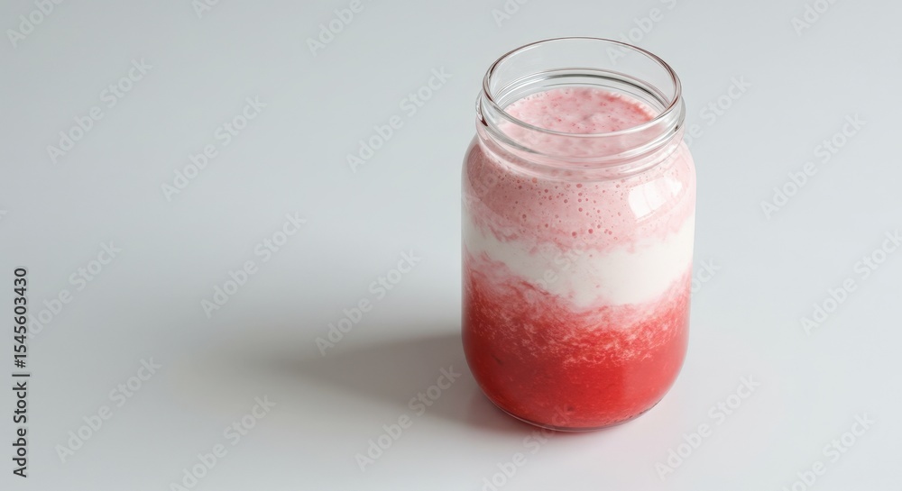 Layered Strawberry Smoothie In Glass Jar Layered Strawberry Smoothie In Glass Jar