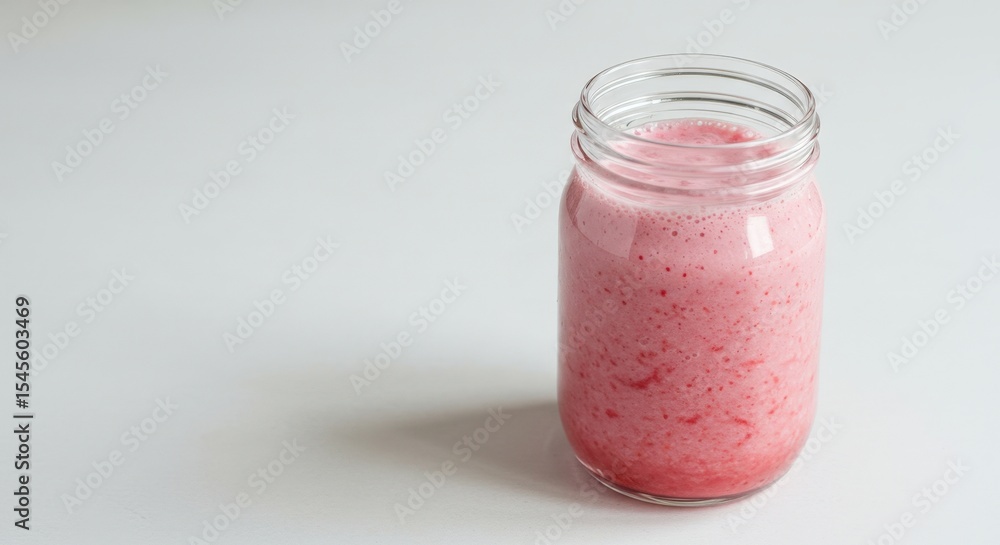 Pink Strawberry Smoothie In Glass Jar On White Table Pink Strawberry Smoothie In Glass Jar On White Table