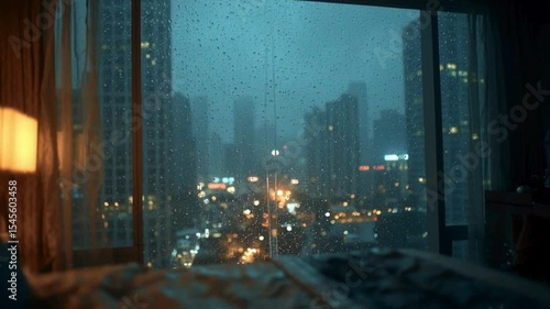 Rainy Night Cityscape Through Window With Soft Warm Light Inside