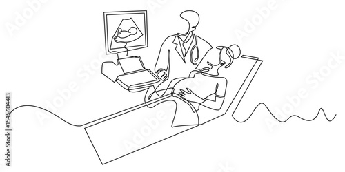 continuous line of obstetrician.doctor doing pregnancy examination with baby ultrasound monitor.single line illustration.eps 10