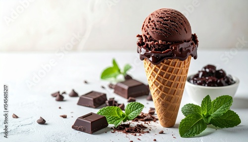 chocolate ice cream cone surrounded by dark chocolate