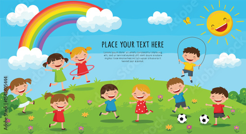 Happy children playing outdoors in park, colorful cartoon kids with rainbow and sun, fun summer activity background for school, kindergarten or daycare illustration
