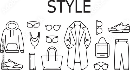 Labeled fashion item icons for outerwear, footwear, and accessories in vector style