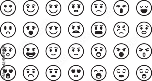 Thick-lined emoticon collection with expressive moods for chat and messaging interfaces