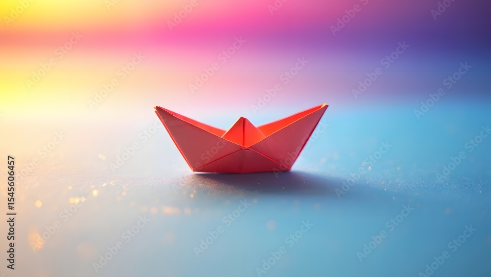 Obraz premium Red paper boat floats on calm water with colorful background. The small paper boat represents hope, dreams, and journey