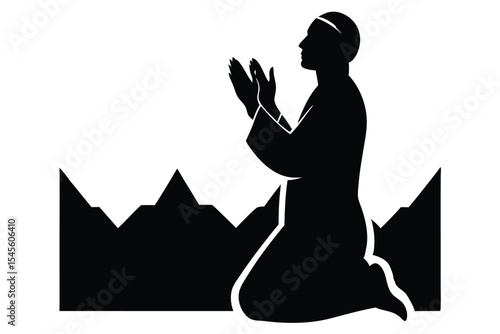 Muslim pilgrim silhouette making dua after tawaf