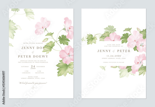 Wedding invitation and save the date template set of elegant pink Geranium Mavis Simpson flowers and leaves on a solid white background