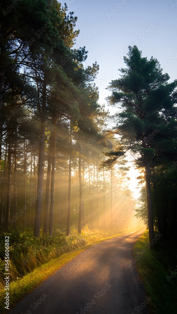 Fototapeta premium Sunbeams filtering through the trees illuminating a pathway in a forest during sunrise. The scene is serene and picturesque. 
