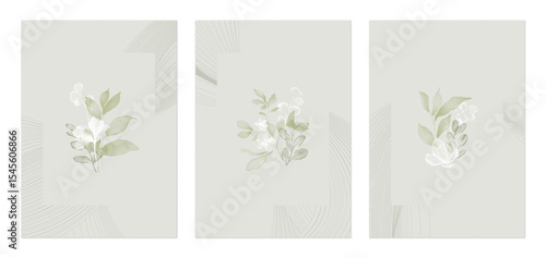 Flower wall art set, minimalist subtle translucent green and white botanical elements on a light gray background