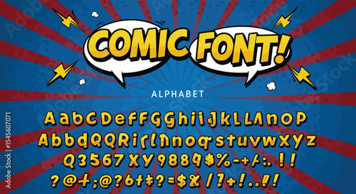 comic font alphabet, bold letters, cartoon typography, colorful background, playful text style, graphic design element, fun lettering, retro comic theme, vibrant typeface
