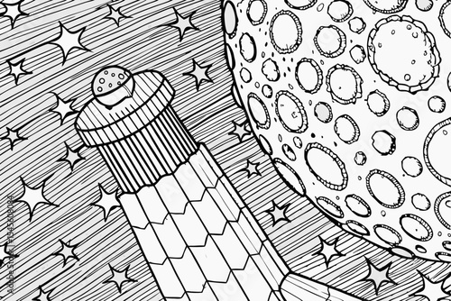 International asteroid day space exploration drawing of spaceship near moon and stars in black and white ink illustration art