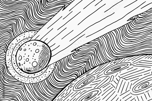 International asteroid day hand drawn comet and planet illustration in black and white for space exploration and education use