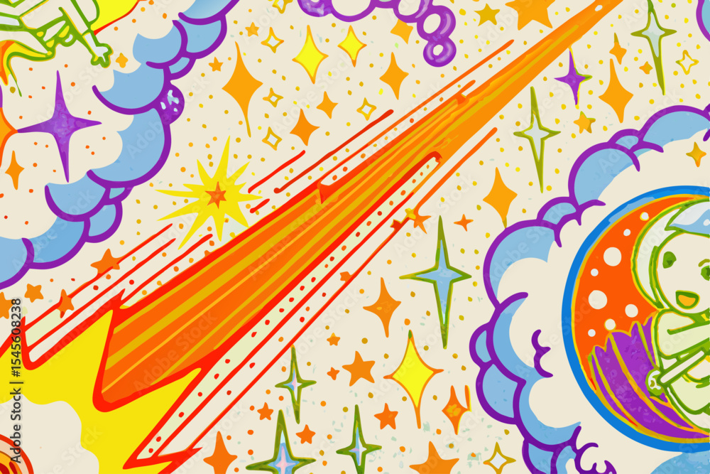 Fototapeta premium International asteroid day hand drawn space illustration with rocket stars and moon for kids room decor and design projects