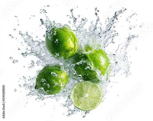 Three whole limes and a lime wedge splashing in clear water against a white background