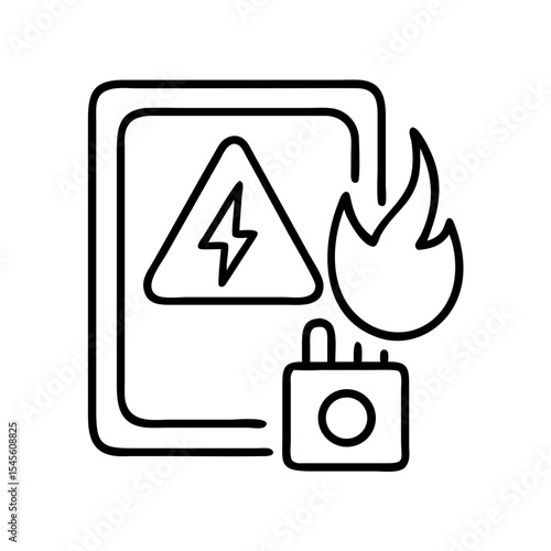 Electrical short circuit fire outline icon, concept of power overload or faulty wiring, danger sign with flame for safety vector illustration