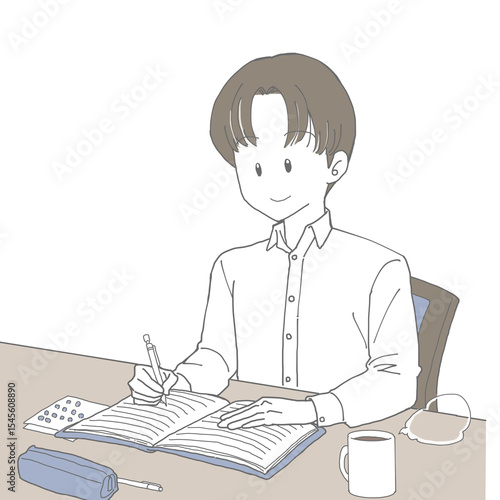 手帳を記入する男性