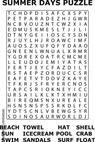 Summer Days Puzzle And Word Search Grid Letters Beach Towel Sun Ice Cream Pool Crab Swim Sandals Surf Float