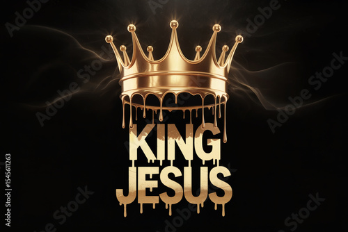 A golden crown with multiple spikes, set against a dark, smoky background. Below the crown, in dripping gold letters, the words 'KING JESUS' are prominently displayed. 