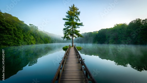 A serene landscape featuring a wooden bridge leading to a lone tree in the middle of a misty lake