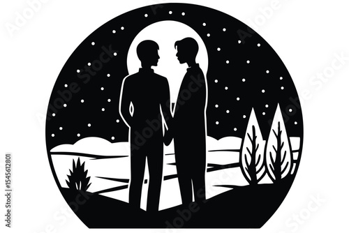 Silhouette of queer couple at romantic sunset