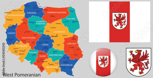 Vector set of West Pomerania Region, Poland, showing the official flag, coat of arms, and map. Ideal for Polish heritage, education, and editorial design use.