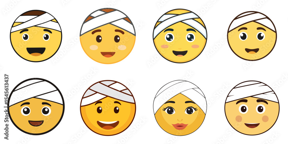 Fototapeta premium Multiple vector illustrations face with head-bandage, Emoji