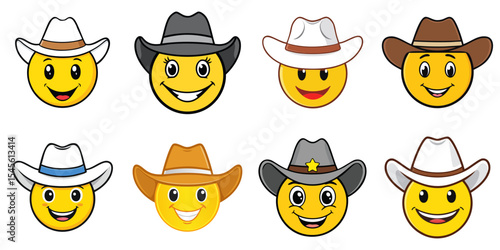 Multiple vector illustrations cowboy hat face, Emoji

