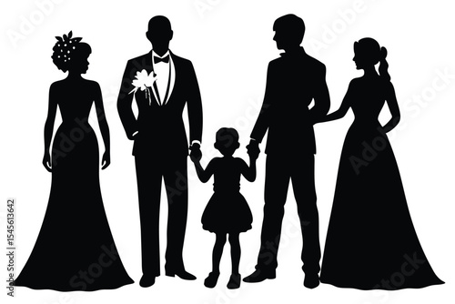 Silhouette illustration queer family wedding with children