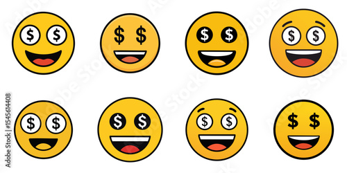 Multiple vector illustrations smiling face with dollar-mark eyes, Emoji

