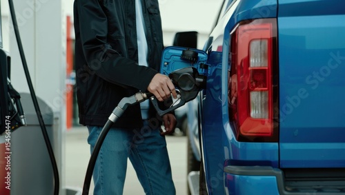 Man fueling blue pickup truck at gas station
