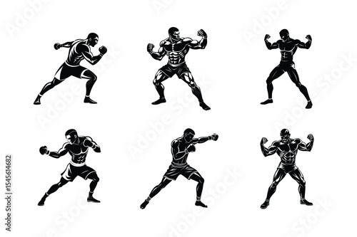 Boxer Silhouette Vector Set – Muscular Fighter Poses