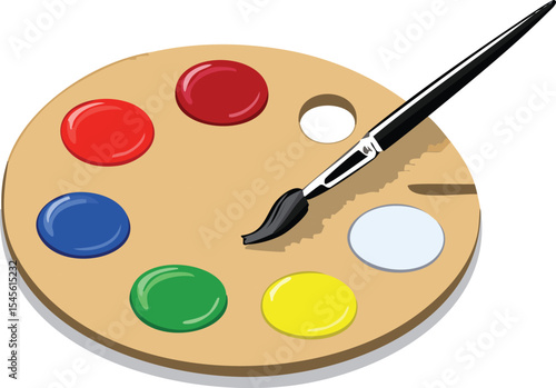 A wooden artist palette with daubs of paint in red, blue, yellow, green, and white, isolated on a pure white background. A single brush rests across the palette.