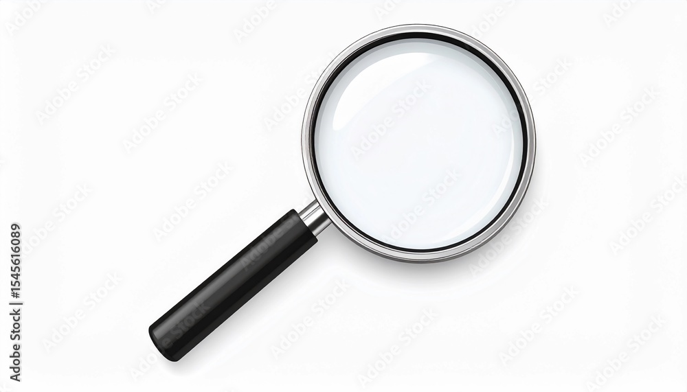 High-detail 3D magnifying glass icon with black handle and metallic rim High-detail 3D magnifying glass icon with black handle and metallic rim