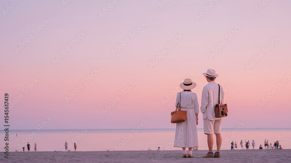 Fototapeta premium 夕暮れの海べで佇む中高年のカップル