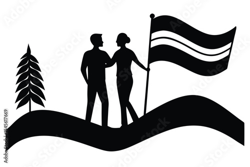 Romantic silhouette couple with rainbow flag outdoors