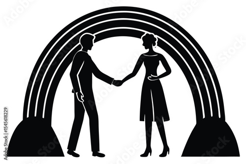 Romantic queer couple holding hands with rainbow background