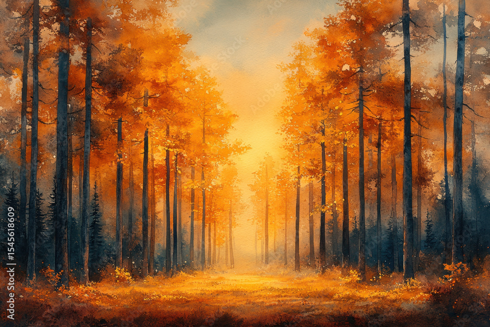 Fototapeta premium Tree-lined path through tranquil forest in painting.