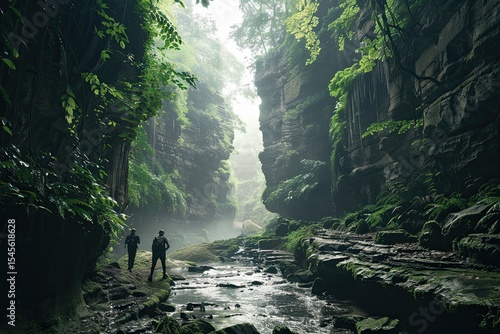 View of Two People Hiking in the Treecovered Cliffs with a River Between the Cliffs