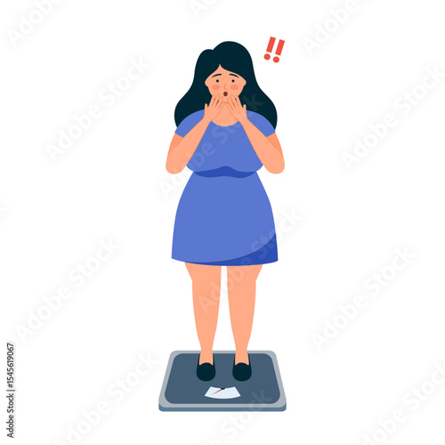 Obese woman standing on the scales, shocked by the weight gain. She upset because she was gaining weight. Excess weight problems concept.