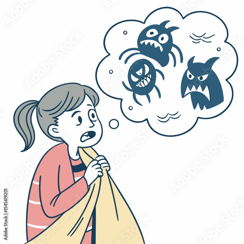 Kid nightmare illustration. A frightened girl has a bad dream, she is afraid of a monsters and pulling blanket. Sleep disorder, insomnia, childhood nightmares, bad dreams concept. Flat vector design