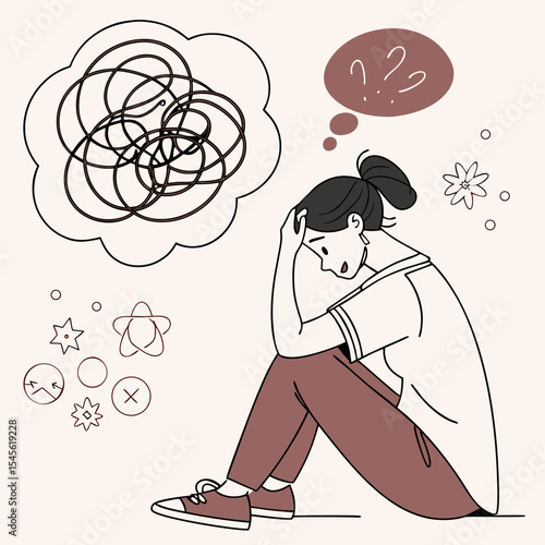 Stress, Anxiety, Mental disorder, Confusion, Depression concept. Frustrated young woman touch head surrounded by think. Mind Health Problem, Mental Disease. Isolated flat vector illustration