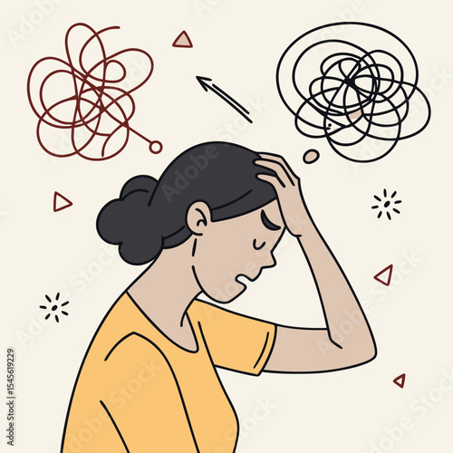 Stress, Anxiety, Mental disorder, Confusion, Depression concept. Frustrated young woman touch head surrounded by think. Mind Health Problem, Mental Disease. Isolated flat vector illustration