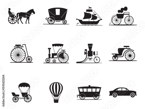 Vintage Transportation Icons Set, set of black silhouette icons depicts various vintage modes of transportation, from horse-drawn carriages and early bicycles to steam-powered vehicles and a hot air 